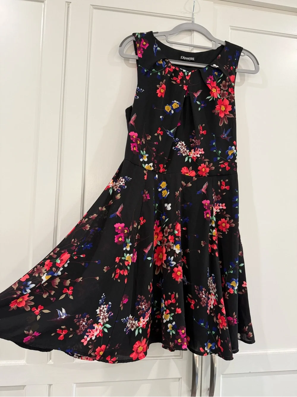 Express Black Floral Fit & Flare Dress with Pink and Red Blooms